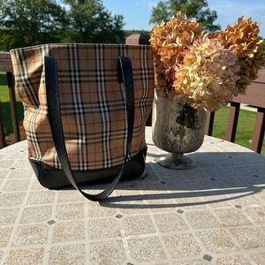 Burberry tote in Haymarket check and saffiano leather trim.